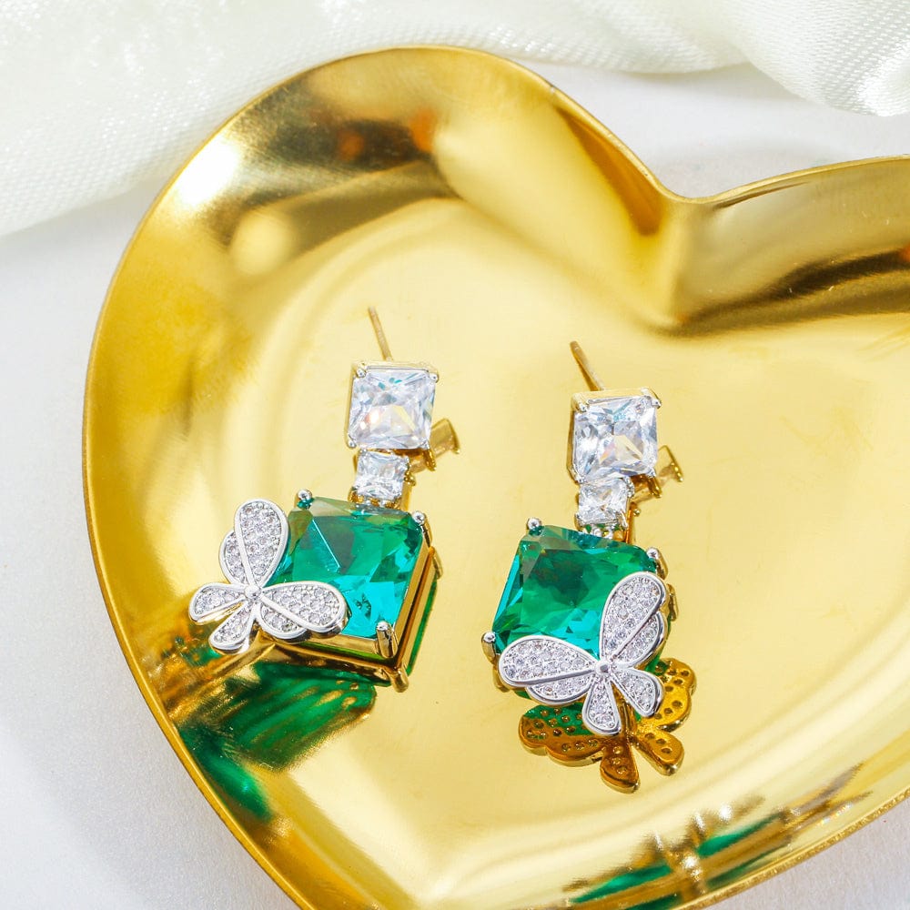 Green- E0853-LVVV New Style Dangle Drop Topaz Square Cubic Zirconia Light Blue Cute Butterfly Earrings for Women Elegant Daily Party CZ Jewelry