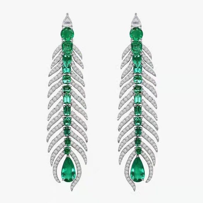 green Feather Gemstone Stud Earrings 925 Sterling Silver Emerald Cut Cubic Zirconia Fine Jewelry