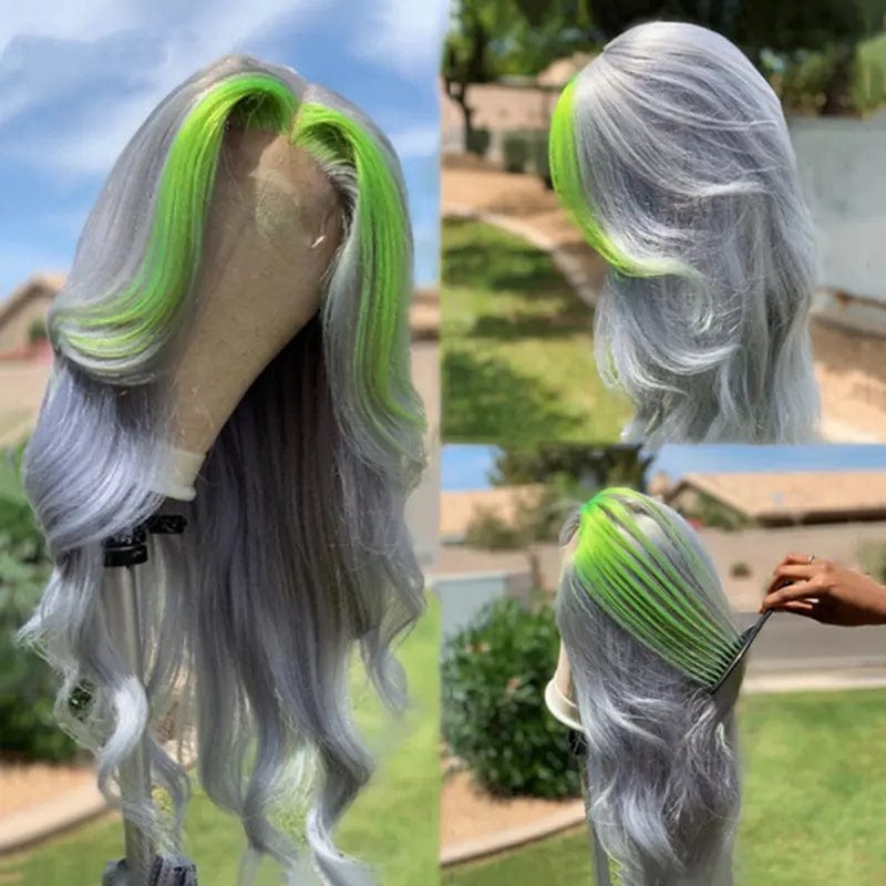 Green Highlight Lace Front Human Hair Wig Body Wave Ombre Grey HD Transparent Lace Frontal Brazilian Human Hair Wigs For Women