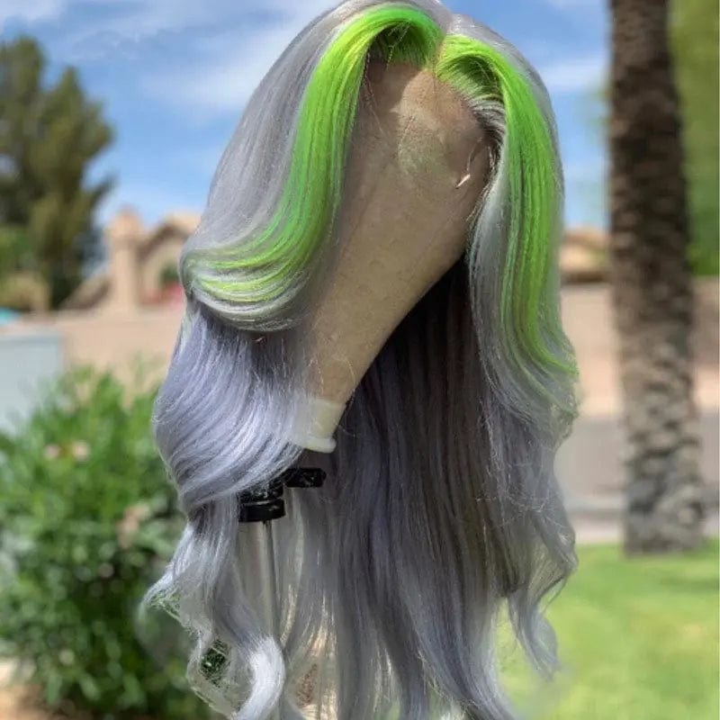 Green Highlight Lace Front Human Hair Wig Body Wave Ombre Grey HD Transparent Lace Frontal Brazilian Human Hair Wigs For Women