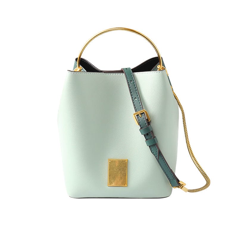 green Patchwork Chain Women Leather Bucket Bag Handbag with Metal Handle Shoulder Bag