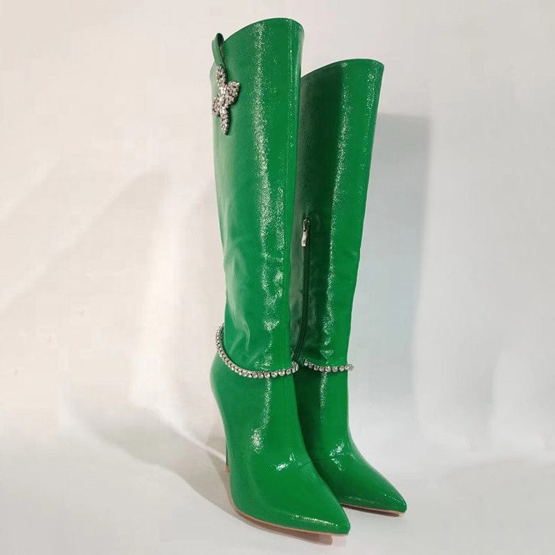 Green Patent Stiletto Style High Slim Heels Shoes Women Pointed Toe Bling Rhinestone Long Booty  Diamonds Flower Knee High Boots