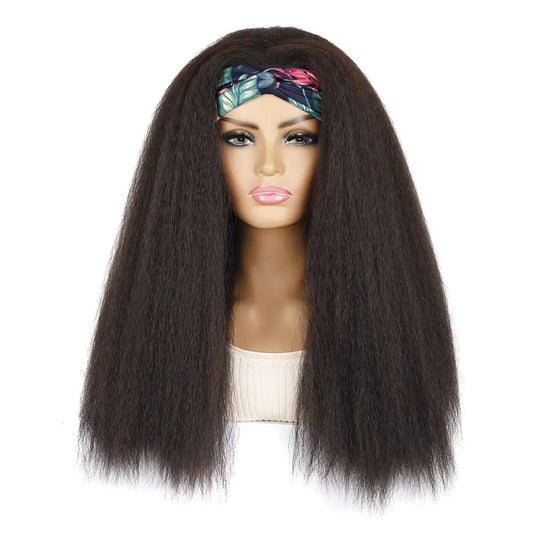 Guangzhou Wholesale Luxury Black Afro 24inch Synthetic Yaki Wig Long Straight Kinky Curly Headband Wigs for Black Women