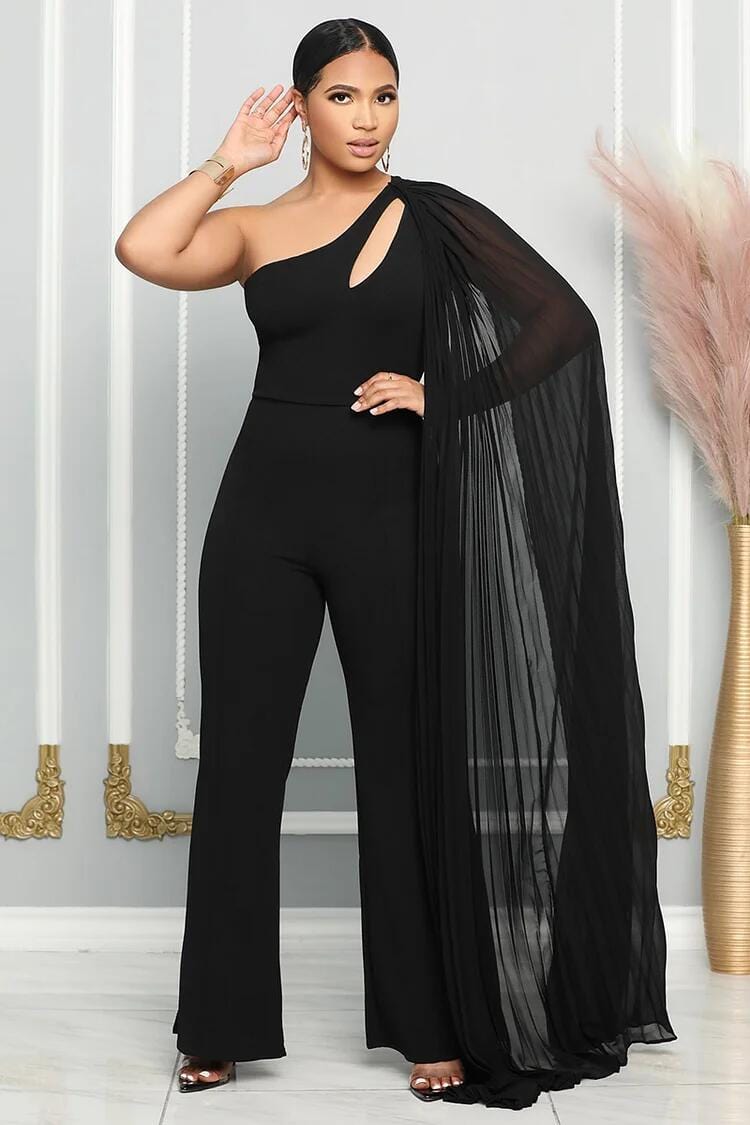 GX2822 Fashion Unique Sexy Asymmetric One Shoulder Hollow Out Flying Sleeve Skinny One Piece Women Elegant Jumpsuit