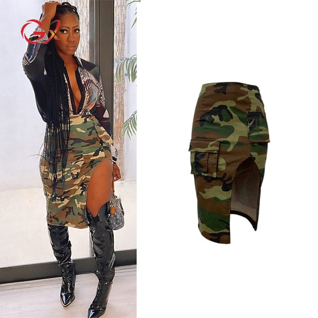 GX3183 INS 2023 summer women clothing boutique fashion elegant sexy slit pocket high waist camouflage skirt