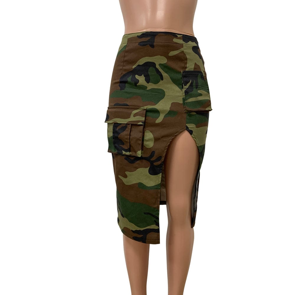 GX3183 INS 2023 summer women clothing boutique fashion elegant sexy slit pocket high waist camouflage skirt