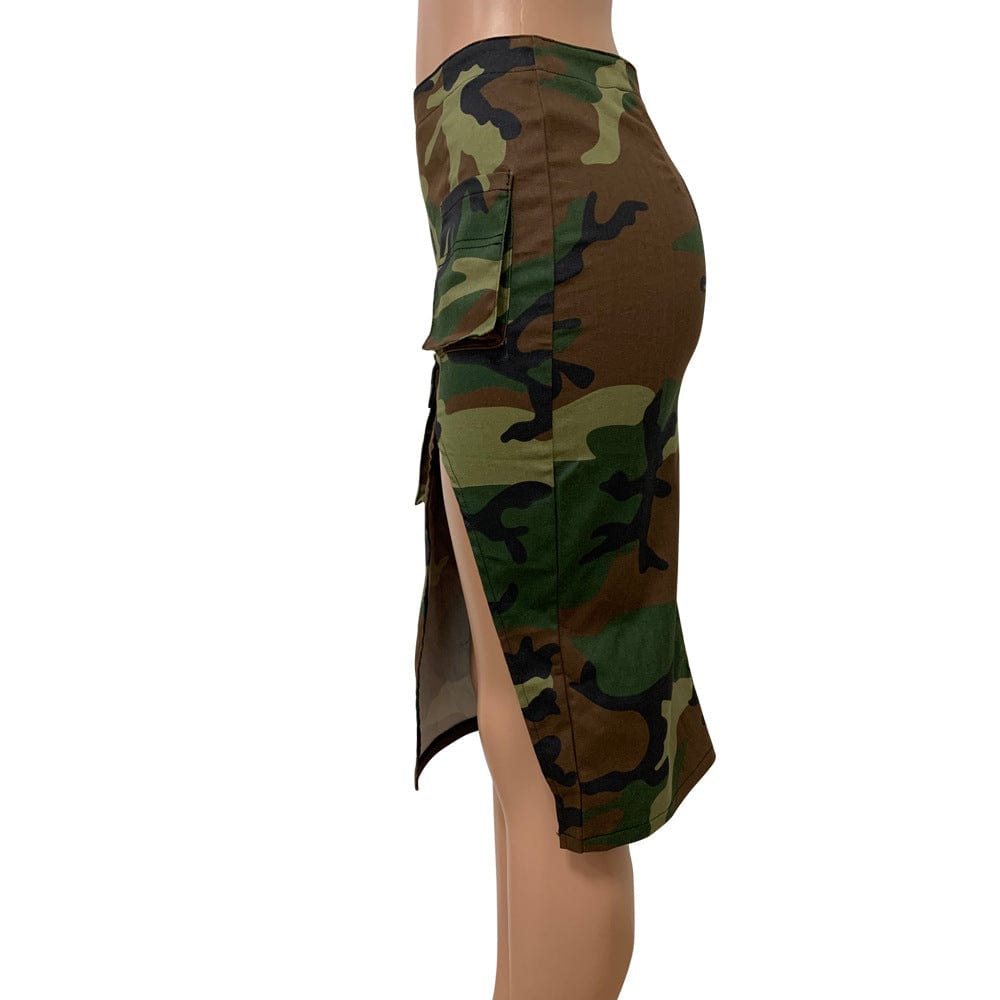 GX3183 INS 2023 summer women clothing boutique fashion elegant sexy slit pocket high waist camouflage skirt