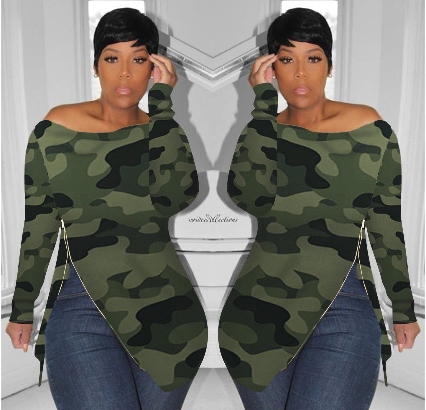 H1245 Camouflage print shoulder Plus Size Women T-shirt Autumn/Winter new T-shirt women