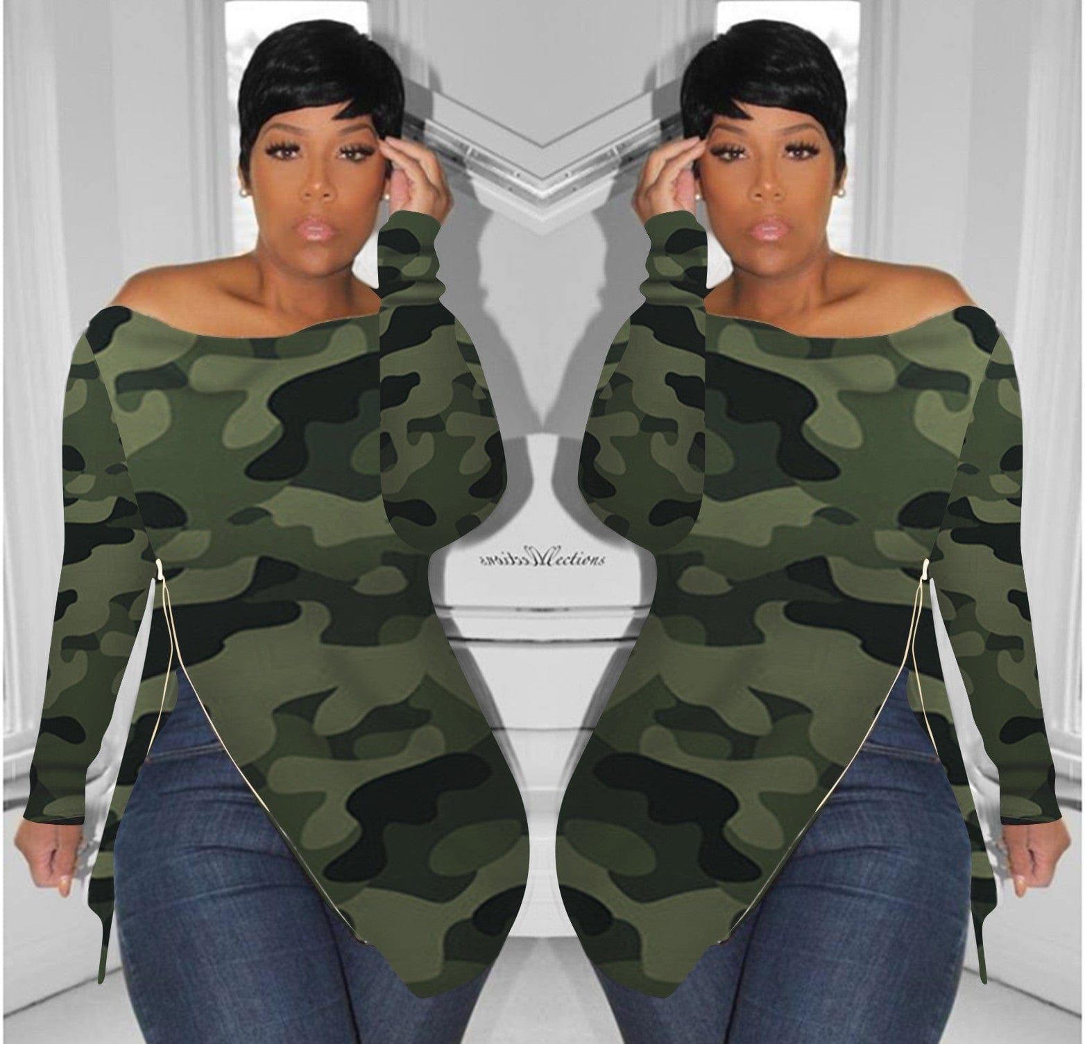 H1245 Camouflage print shoulder Plus Size Women T-shirt Autumn/Winter new T-shirt women