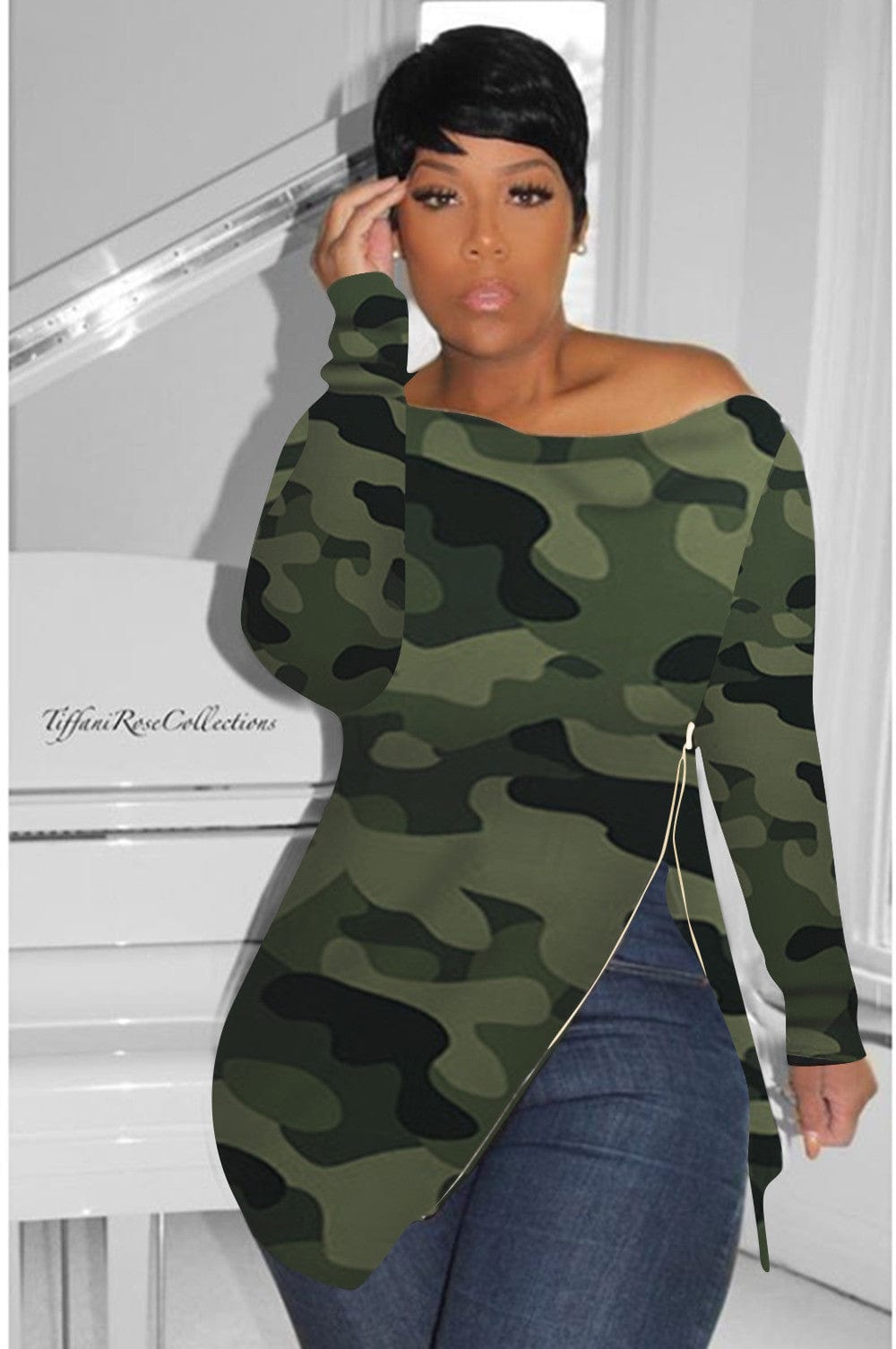 H1245 Camouflage print shoulder Plus Size Women T-shirt Autumn/Winter new T-shirt women