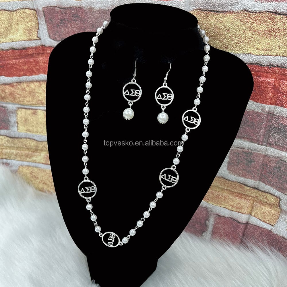 Handmade Greek Sorority Women AEO Letter White Pearl Necklace Earring Set Jewelry Graduation Gift