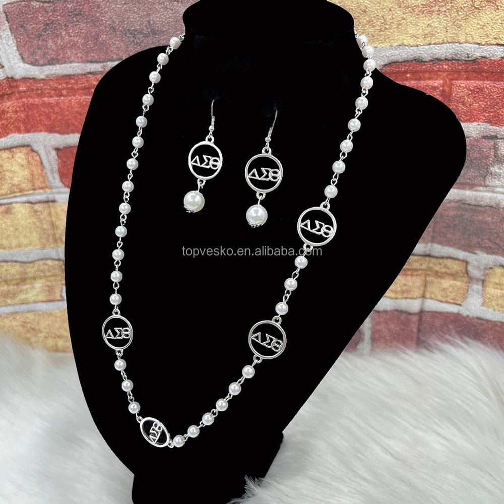 Handmade Greek Sorority Women AEO Letter White Pearl Necklace Earring Set Jewelry Graduation Gift