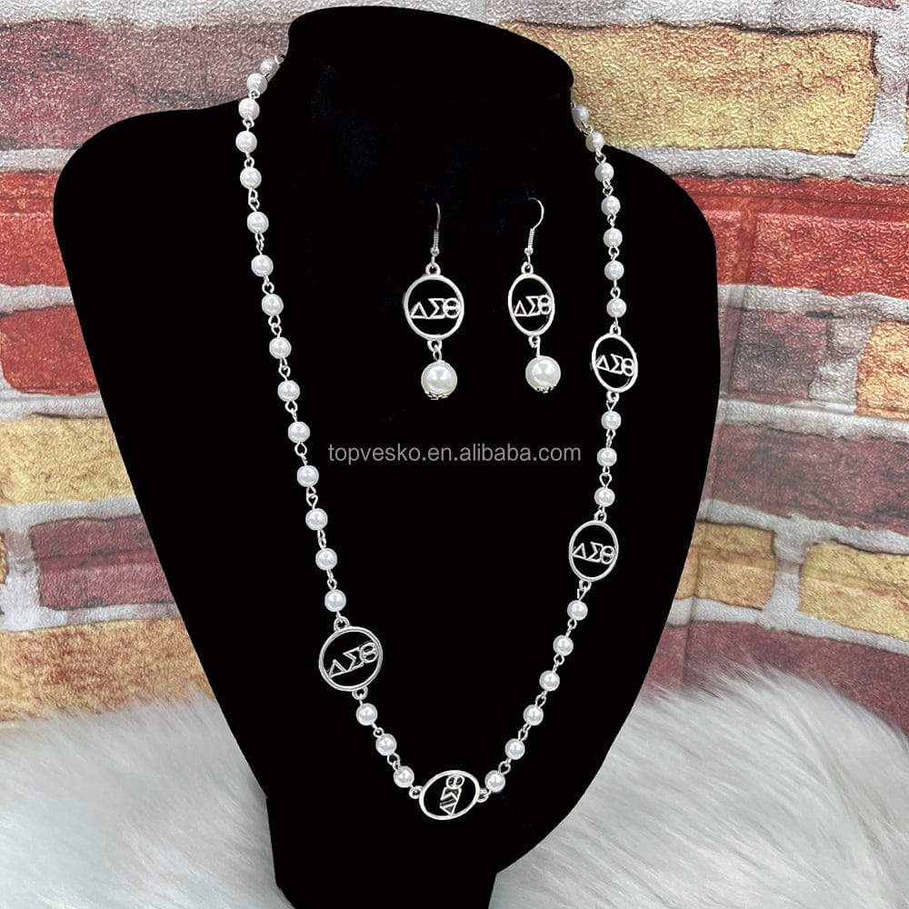 Handmade Greek Sorority Women AEO Letter White Pearl Necklace Earring Set Jewelry Graduation Gift