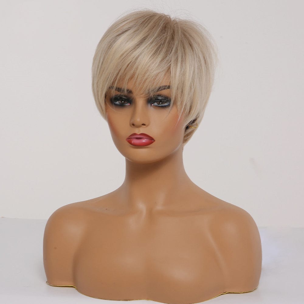 HAOLING Short Women's Wig Layered Brown to Light Blonde Ombre Wigs with Side Bangs Pixie Cut Synthetic Hair Wigs