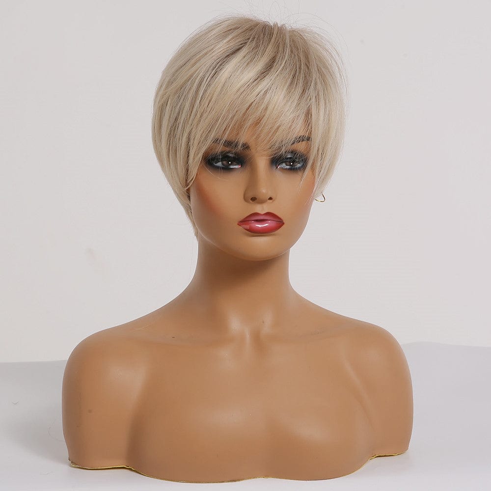 HAOLING Short Women's Wig Layered Brown to Light Blonde Ombre Wigs with Side Bangs Pixie Cut Synthetic Hair Wigs