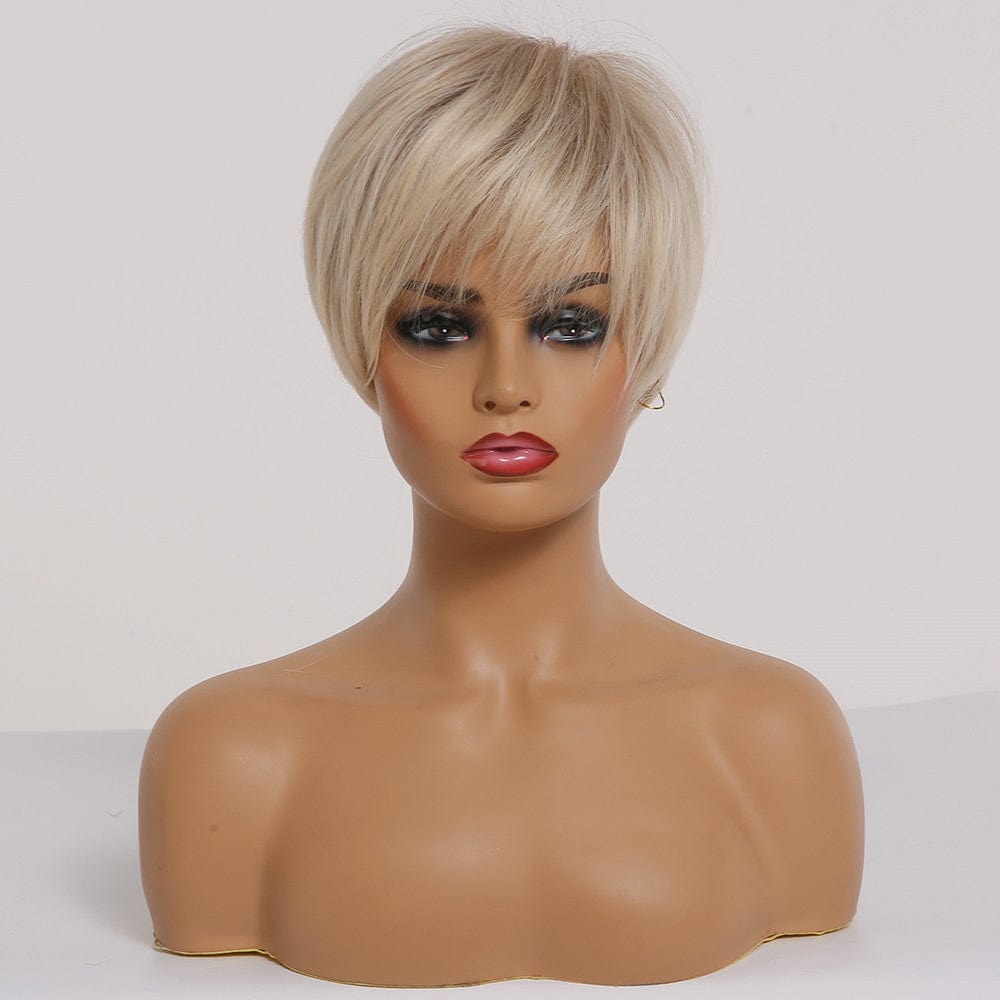 HAOLING Short Women's Wig Layered Brown to Light Blonde Ombre Wigs with Side Bangs Pixie Cut Synthetic Hair Wigs