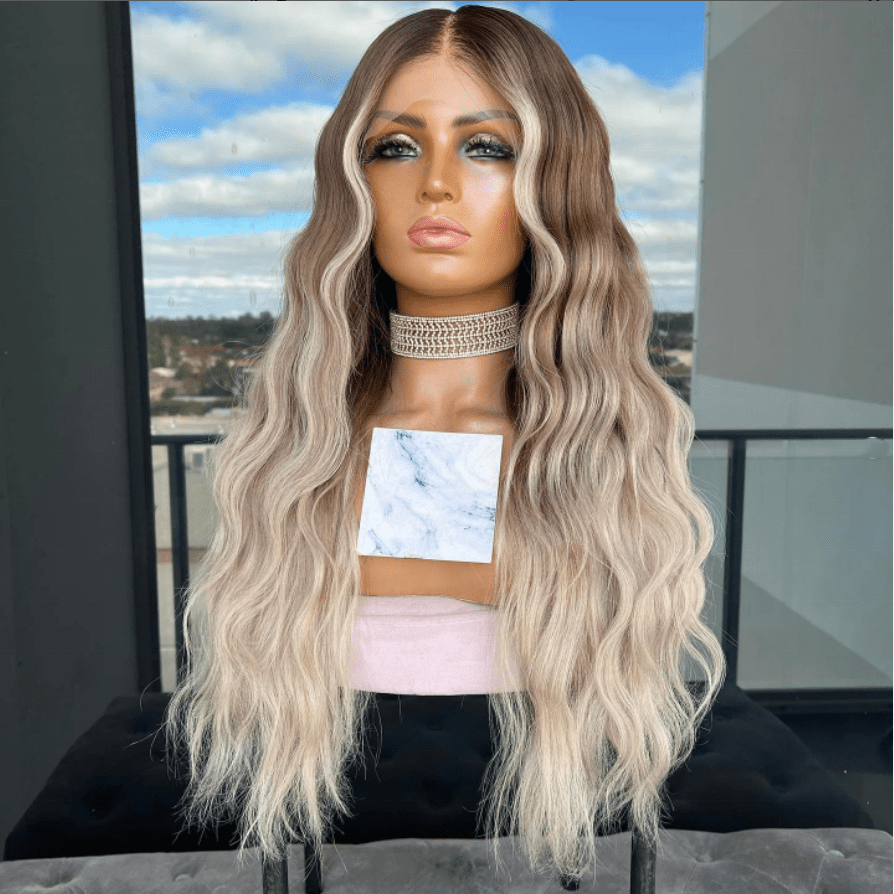 HD Wig Ombre Medium Ash Blonde Highlight Light Brown Wave Style Full Virgin Cuticle Human Hair Lace Front Wigs