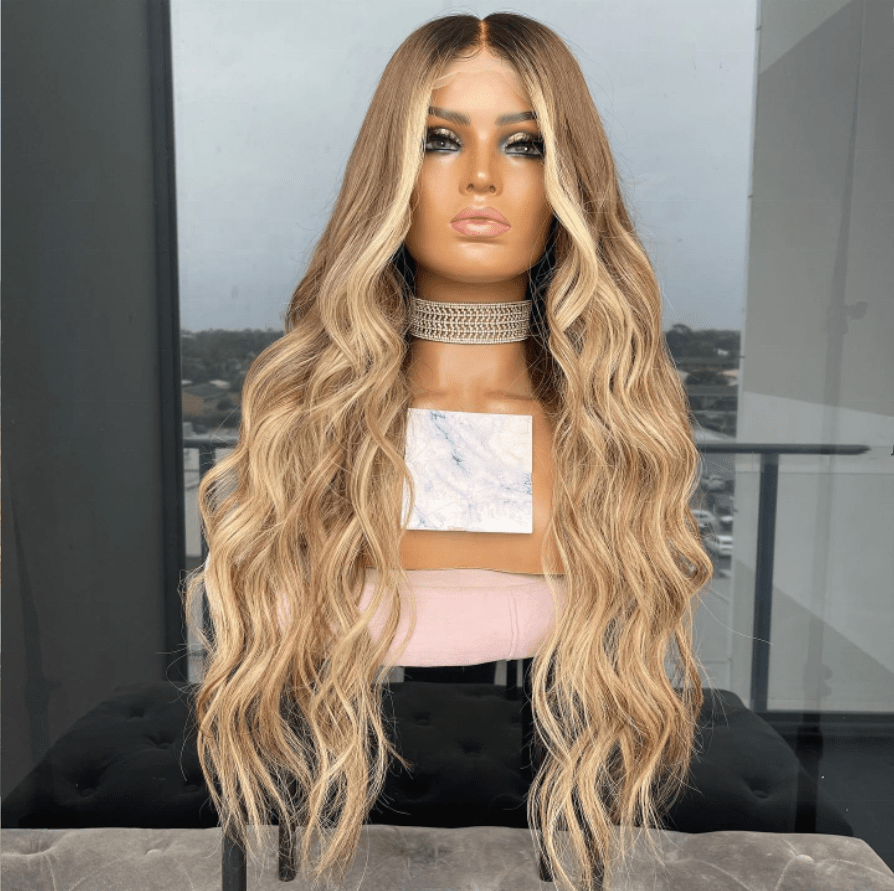 HD Wig Ombre Medium Ash Blonde Highlight Light Brown Wave Style Full Virgin Cuticle Human Hair Lace Front Wigs