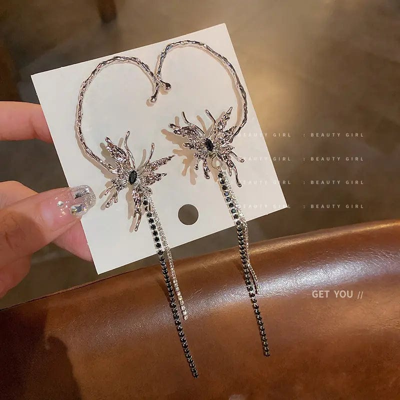 HE9157 / Silver Right Fashionable Temperament Silver Needle Pleated with Diamond Butterfly Tassel Earrings INS Popular Personality Single Ear Hang