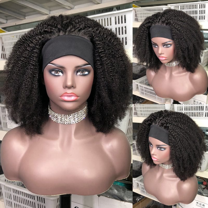 Headband Wig Kinky Curly Human Hair  Brazilian Machine Scarf Wig Easy to Install Jerry Curl Hair Wig 180% Density