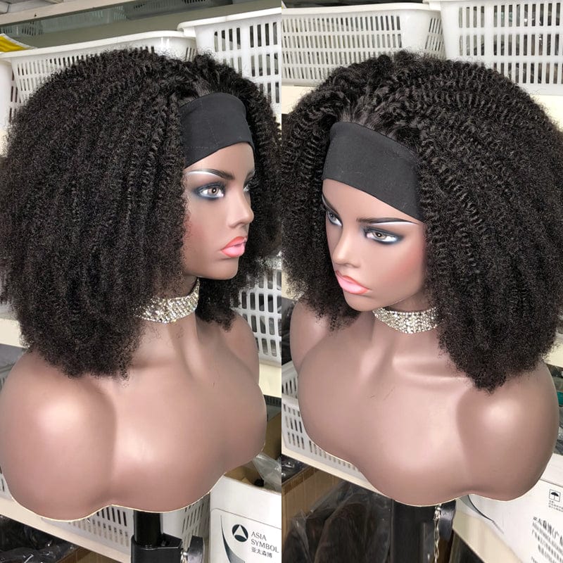 Headband Wig Kinky Curly Human Hair  Brazilian Machine Scarf Wig Easy to Install Jerry Curl Hair Wig 180% Density