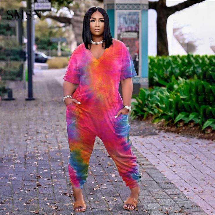 High Quality Casual Short Sleeve Tie Dye Pockets Leisure Wear Women One Piece Jumpsuits Fashion Jumpsuits For Women