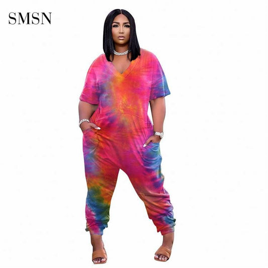 High Quality Casual Short Sleeve Tie Dye Pockets Leisure Wear Women One Piece Jumpsuits Fashion Jumpsuits For Women