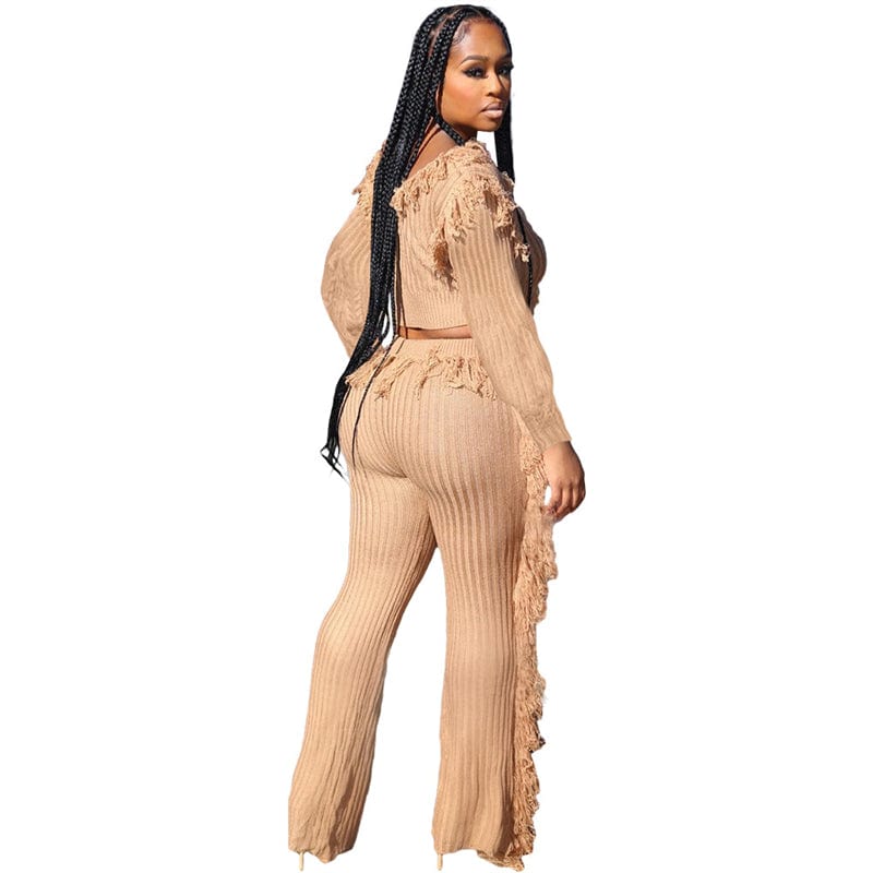 high quality fall 2022 autumn ladies women knitted crew neck 2 piece fringe tassel cropped sweater and pants two piece set women