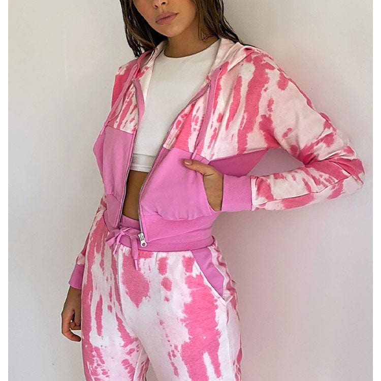 High Quality Spring 2pc Pants Sweat Set Women Tie Dye Cropped Hoodies And Sweatpants Set Wholesale Women Sweatsuit Set Tracksuit