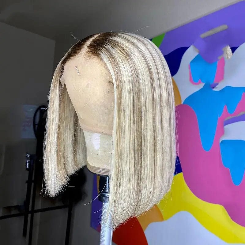 Highlight Blonde Wig Brown Root Short Cut Bob Wigs Straight Hair Middle Cut Natural Hairline Virgin Hair Lace Front Wig