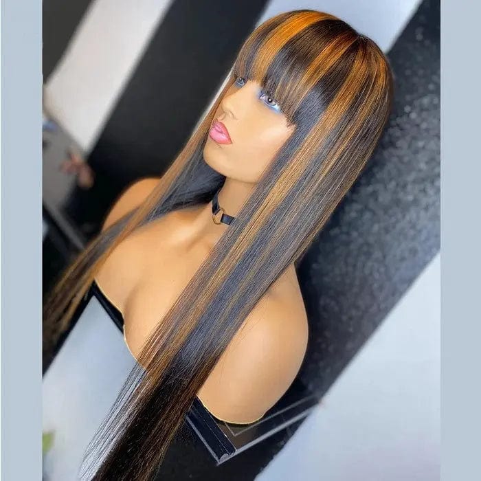 Highlight Bone Straight Perruque Human Hair Lace Wigs Pre Plucked Highlighted Wigs Human Hair Lace Front  With Bang Fringe