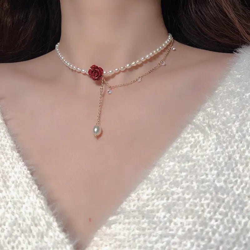 HN2017 / Red Fashion Rose Flower Zircon Pearl Necklace Elegant Choker Clavicle Chain Personality Fashion Temperament Collar