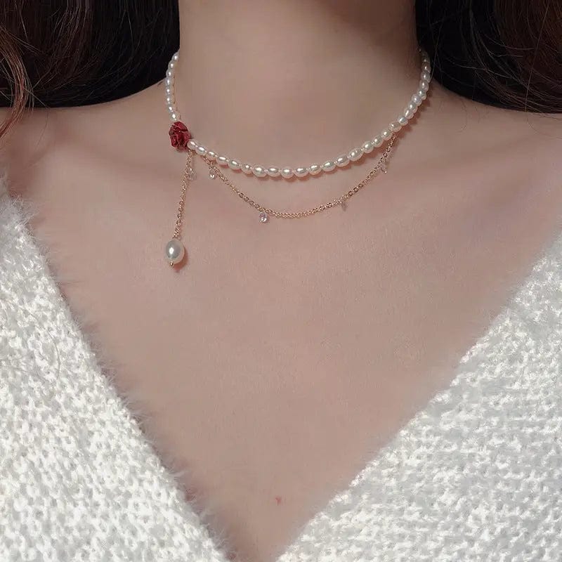 HN2017 / Red Fashion Rose Flower Zircon Pearl Necklace Elegant Choker Clavicle Chain Personality Fashion Temperament Collar