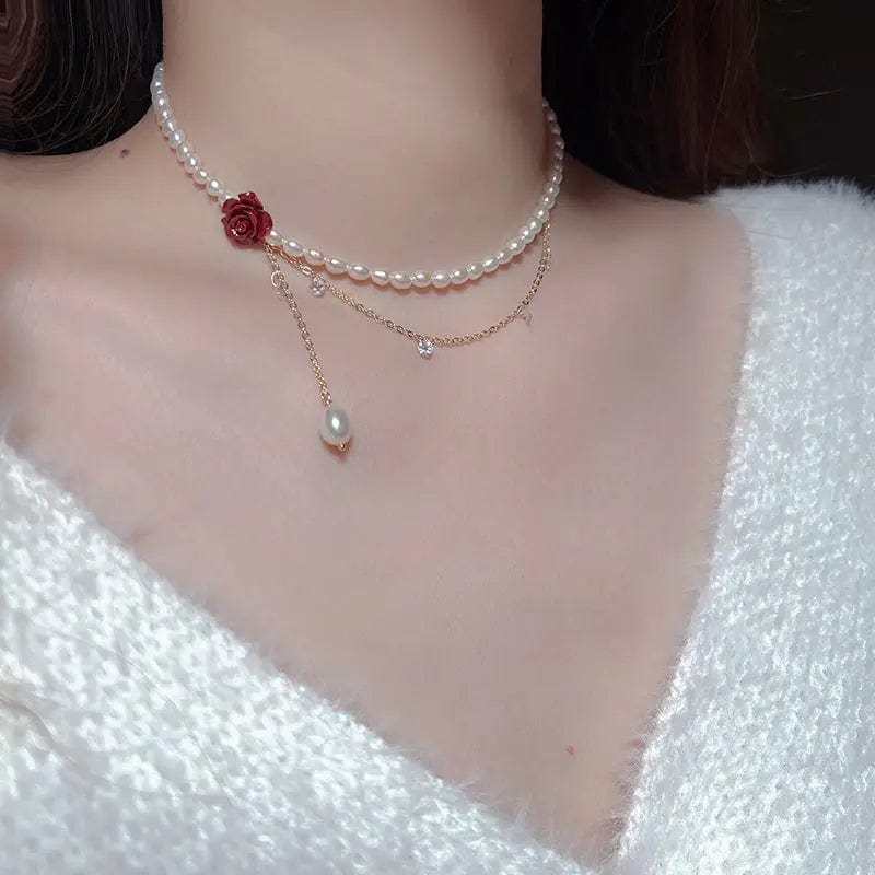 HN2017 / Red Fashion Rose Flower Zircon Pearl Necklace Elegant Choker Clavicle Chain Personality Fashion Temperament Collar