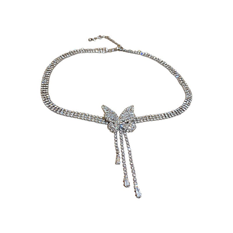 HN2062 / silver Fashion Temperament Set with Diamond Zircon Butterfly Tassel Multi-layer Necklace INS Popular Clavicle Chain Sweet Cool Collar