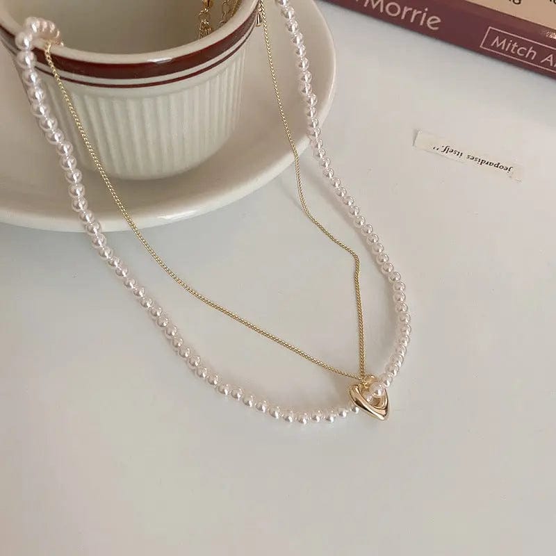 HN2102 / Gold Fashion Gold Plated Love Pearl Double Layer Necklace INS Popular Clavicle Chain Temperament Women Choker