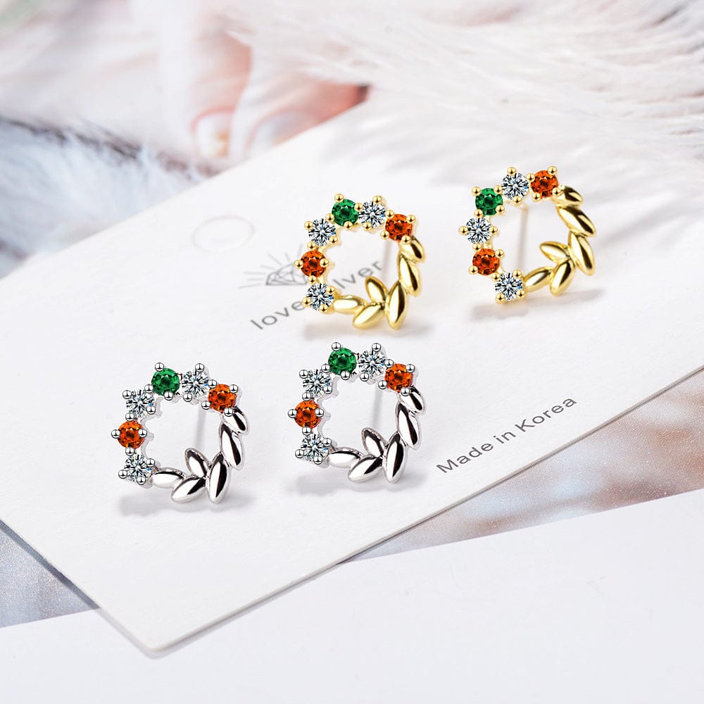 Hollow Circle Leaves Zircon Stud Earrings Women Fashion Party Girl Jewelry Gift