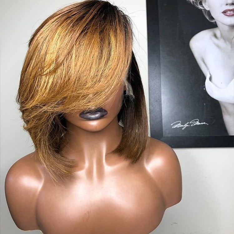 Honey Blonde Ombre Wigs Human Hair Lace Front Short 12 Inches Blunt Cut Bob Side Part Bangs With Natural Looking