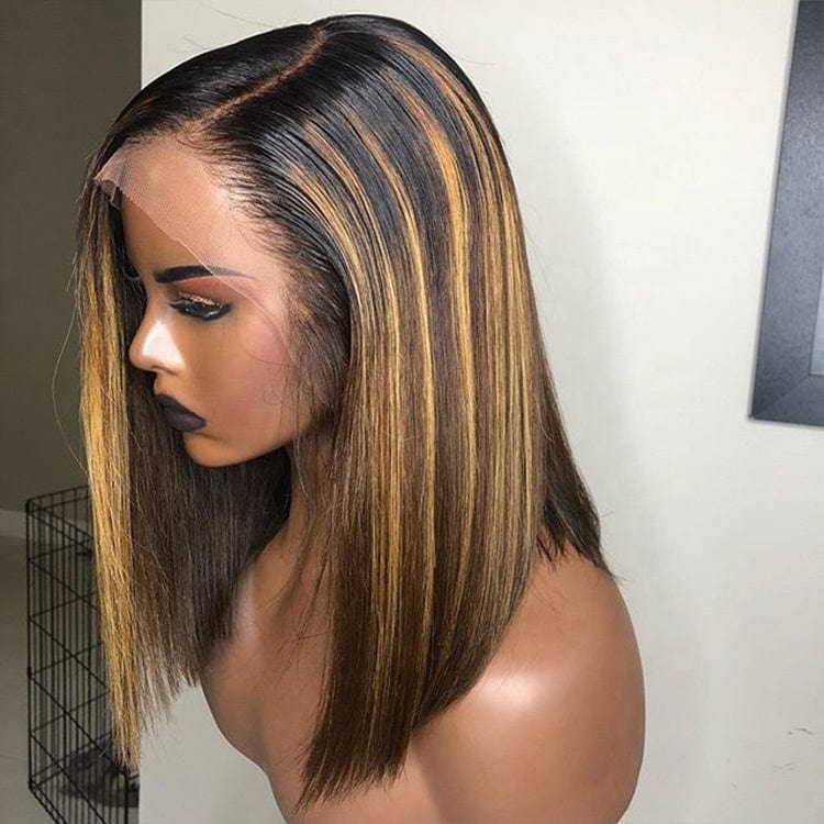 Honey Blonde Ombre Wigs Human Hair Lace Front Short 12 Inches Blunt Cut Bob Side Part Bangs With Natural Looking