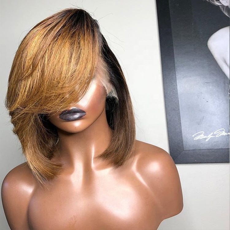 Honey Blonde Ombre Wigs Human Hair Lace Front Short 12 Inches Blunt Cut Bob Side Part Bangs With Natural Looking