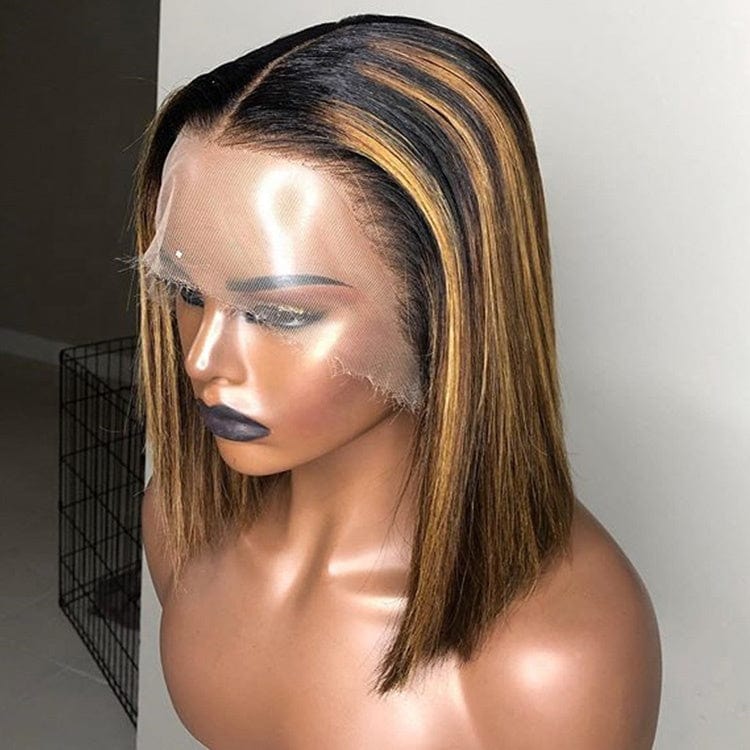 Honey Blonde Ombre Wigs Human Hair Lace Front Short 12 Inches Blunt Cut Bob Side Part Bangs With Natural Looking