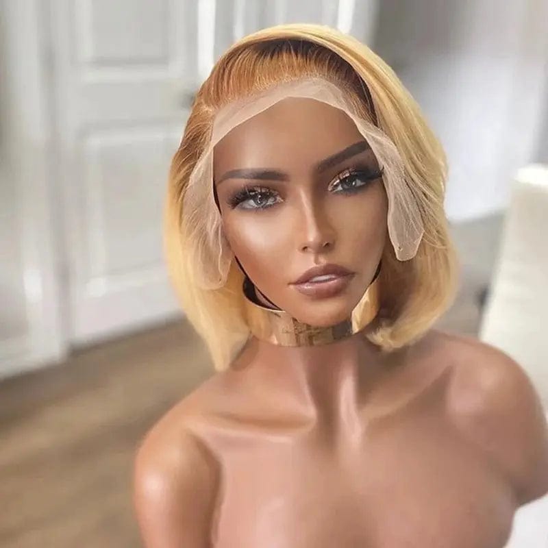 Honey Blonde Short Bob Dark Brown Root Cuticle Aligned Glueless Virgin Hair 13*4 Lace Frontal Wigs