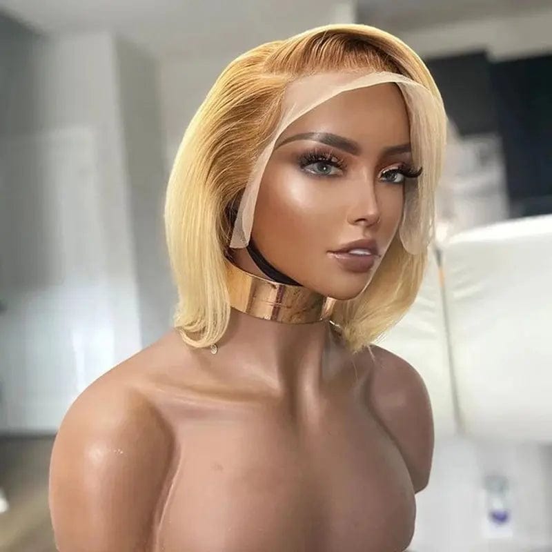 Honey Blonde Short Bob Dark Brown Root Cuticle Aligned Glueless Virgin Hair 13*4 Lace Frontal Wigs