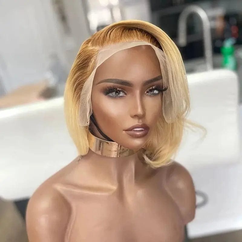 Honey Blonde Short Bob Dark Brown Root Cuticle Aligned Glueless Virgin Hair 13*4 Lace Frontal Wigs