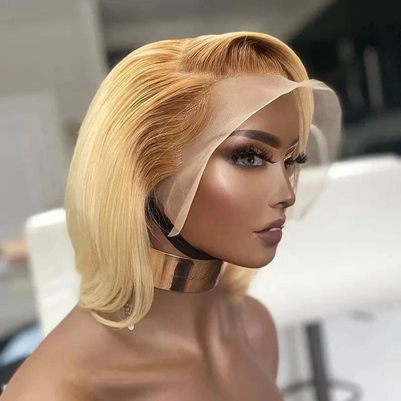 Honey Blonde Short Bob Dark Brown Root Cuticle Aligned Glueless Virgin Hair 13*4 Lace Frontal Wigs