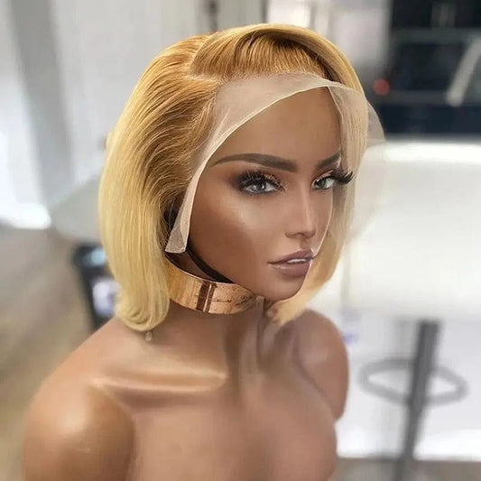 Honey Blonde Short Bob Dark Brown Root Cuticle Aligned Glueless Virgin Hair 13*4 Lace Frontal Wigs