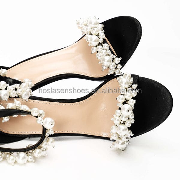 Hoslasen shoes handmade high quality pink leather with white pearls stilettos heel sandals fashion girl sandal shoes summer 2023