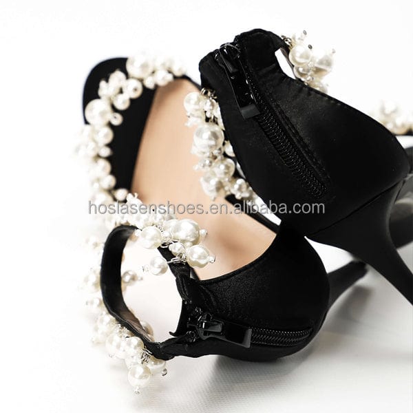 Hoslasen shoes handmade high quality pink leather with white pearls stilettos heel sandals fashion girl sandal shoes summer 2023