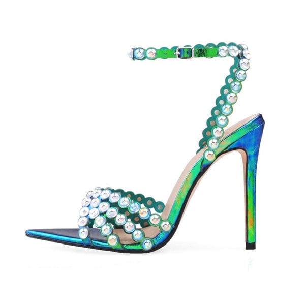 Hoslasen shoes holographic blue very pointy open toe shape with shinny pearls high heel sandals women shoes summer 2022 fashion