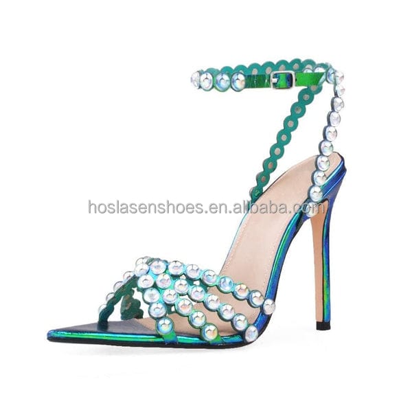 Hoslasen shoes holographic blue very pointy open toe shape with shinny pearls high heel sandals women shoes summer 2022 fashion